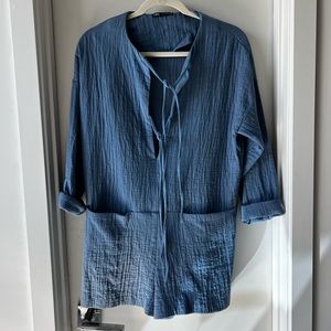 Zara French Blue Cotton Gauze Shorts Jumpsuit Romper Rolled Sleeve Beach Cover